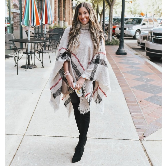 BOHO Plaid Turtleneck Sweater Poncho - Picture 3 of 7